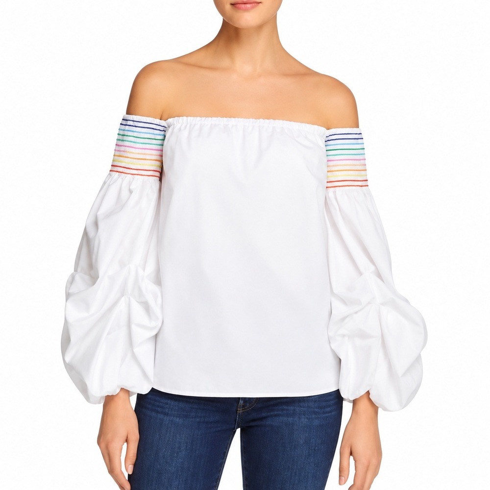 Greysn White Rainbow Smocked Off The Shoulder Balloon Sleeve Blouse Medium